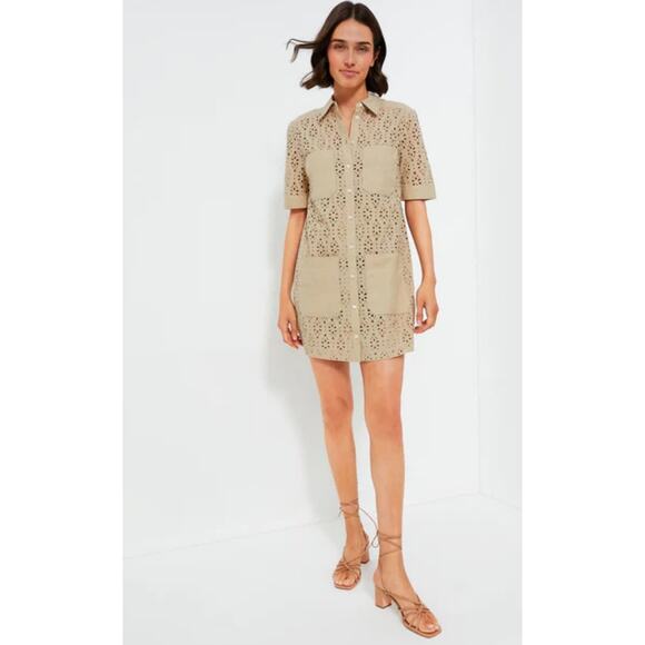 Veronica Beard Rafaela Dress Womens 4 Stone Khaki Eyelet Cotton Pockets Preppy - Picture 2 of 9
